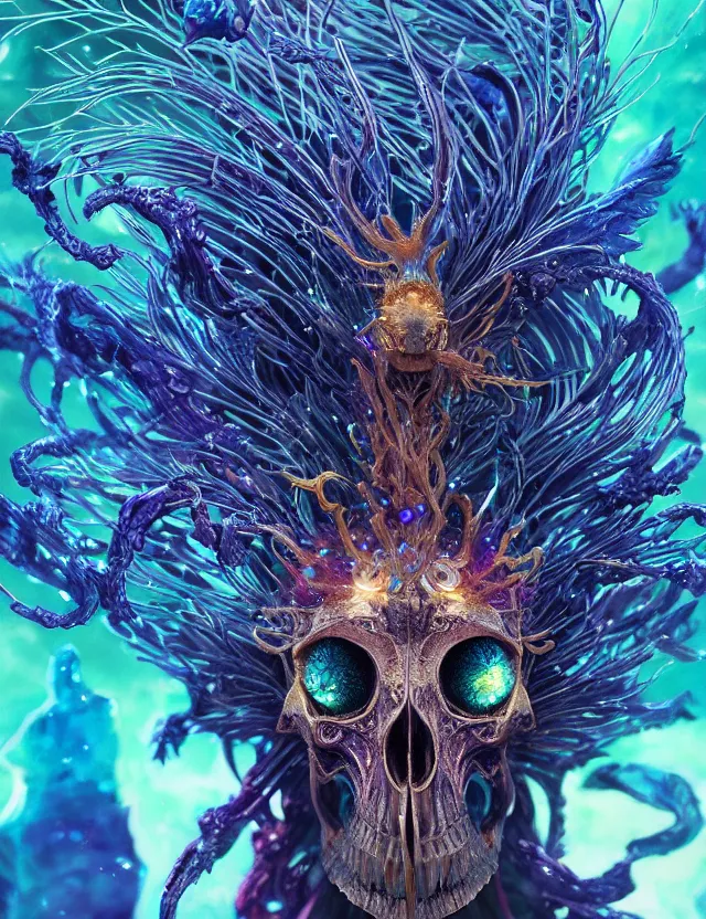 Image similar to witch phoenix macro close - up portrait with crown made of ram skull. phoenix, betta fish, jellyfish, bioluminiscent, plasma, ice, water, wind, creature, super intricate ornaments artwork by tooth wu and wlop and beeple and greg rutkowski