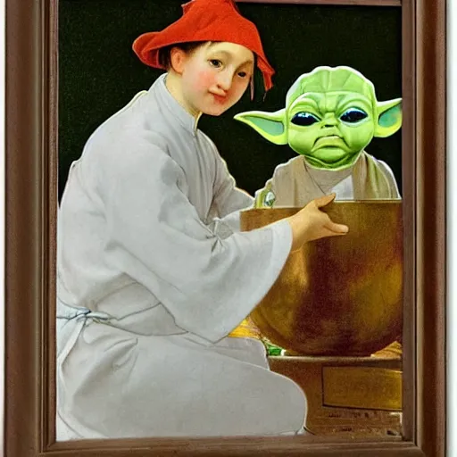 Prompt: baby yoda as a chef wearing a white apron and wearing a white chef's hat, by Jan van Eyck, by alphonse mucha