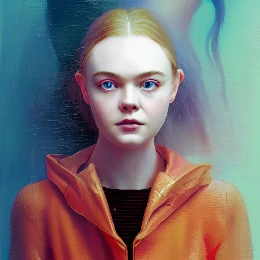 Image similar to Elle Fanning lost in limbo in the world of Adam Wyeth, head and shoulders portrait, stormy weather, extremely detailed masterpiece, oil on canvas, low-key neon lighting, artstation, Blade Runner 2049, Roger Deakin’s cinematography, by J. C. Leyendecker and Peter Paul Rubens and Edward Hopper and Michael Sowa,