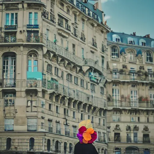 Image similar to giant flower head, woman walking in paris, surreal photography, symmetry, flat space, fanciful, bright colours, detailed, wes anderson