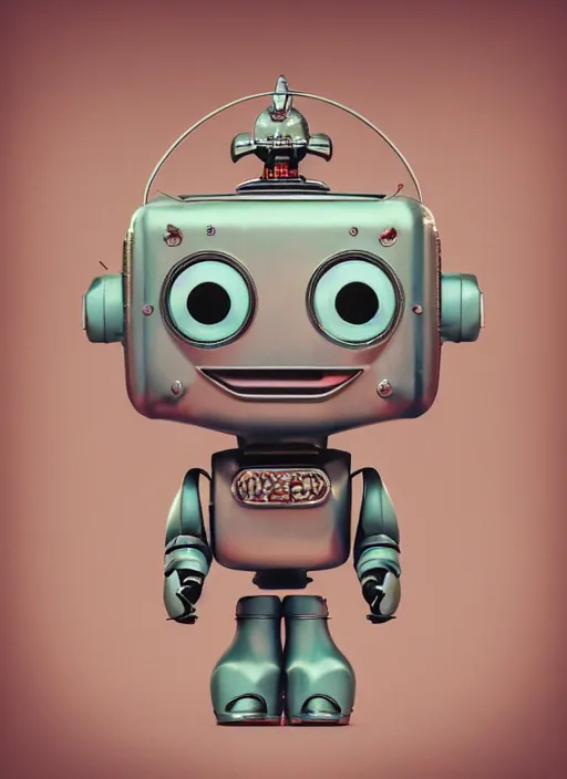 Prompt: closeup portrait of a retro tin toy robot, depth of field, zeiss lens, detailed, symmetrical, centered, fashion photoshoot, by nicoletta ceccoli, mark ryden, lostfish, earl nore, hyung tae, frank frazetta, breathtaking, 8 k resolution, extremely detailed, beautiful, establishing shot, artistic, hyperrealistic, octane render