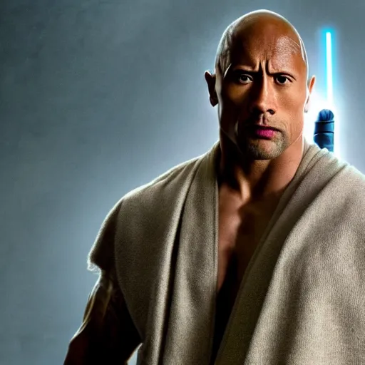 Prompt: Dwayne Johnson in Jedi Robes holding a lightsaber