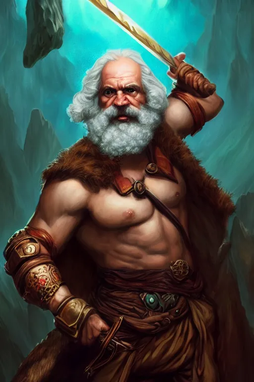 Image similar to character portrait karl marx as a buff wild magic barbarian with a third eye on the forehead and body warpaint, dungeons and dragons cover artwork, dynamic composition, dramatic lighting, trending on artstation, award winning art, stylized painting by sophie anderson, leonardo da vinci and raphael, concept art, 4 k, 8 k, gold and teal color scheme