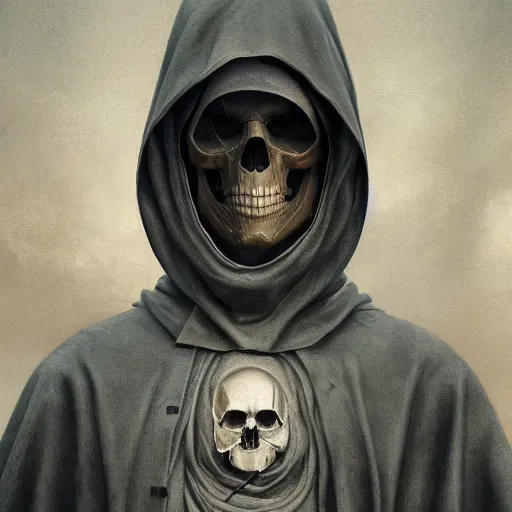 Image similar to a portrait of an hooded man with a skull face, Matte painting , detailed painting, made by Greg Rutkowski, 4k resolution, atmospheric, extremely high detail