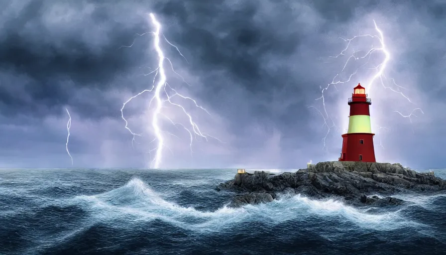 Image similar to a lighthouse being struck by lightning out at sea, digital art, highly detailed, realistic, bright colors, 8 k