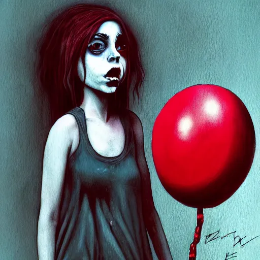 Image similar to grunge painting of a billie eilish with a wide smile and a red balloon by Zdzisław Beksiński, loony toons style, pennywise style, corpse bride style, rick and morty style, creepy lighting, horror theme, detailed, elegant, intricate, conceptual, volumetric light