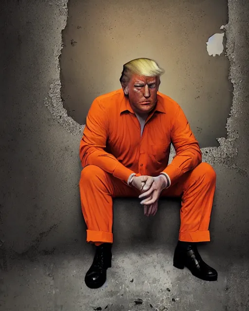 Image similar to a head and shoulders portrait of Donald trump wearing a orange jumpsuit, sitting on the floor of a filthy rat infested concrete jail, dimly lit, volumetric lighting, in jail by craig mullins and Annie Leibowitz, octane, 8k,