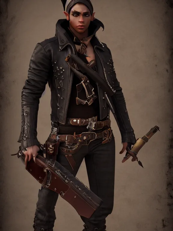 Prompt: Male Elf Gunslinger, dark skin, full body portrait reference, dual guns, leather jacket, steampunk inspired, highly detailed, octane, unreal engine, 3d render, HD