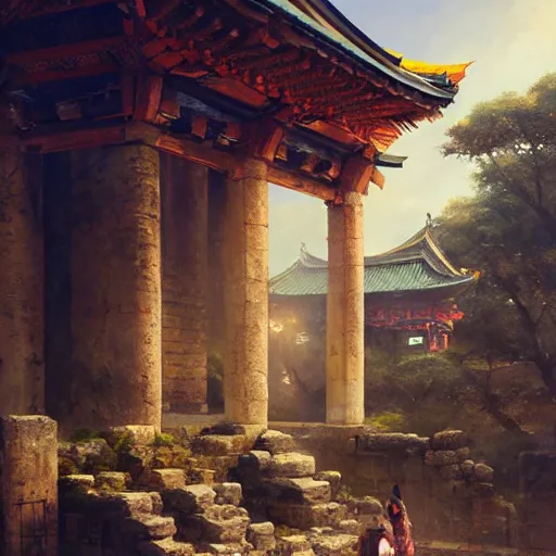 Prompt: ancient city ruins, ⛩, oil painting, 8 k, beautiful, soft light, highly detailed, smoothly, by wlop, by greg rutkowski, by artgerm