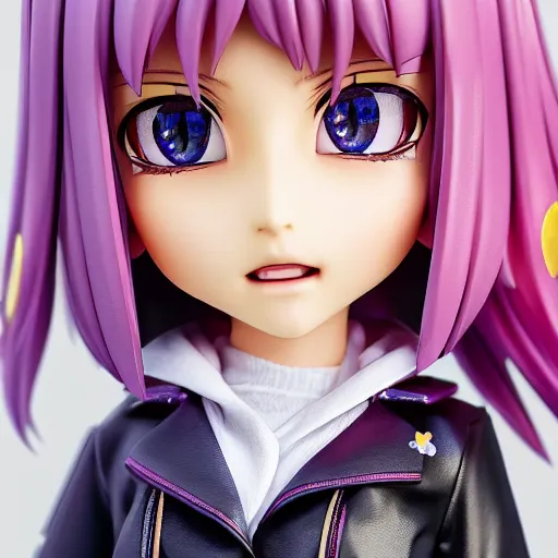 Image similar to portrait of a anime and chibi very cute doll with purple jacket design by xkung work, nendoroid, kawaii, cyberpunk fashion, character modeling, maximalist sculpted design, toy design, substance 3 d painter, vray, soft vinyl, trending in artstation