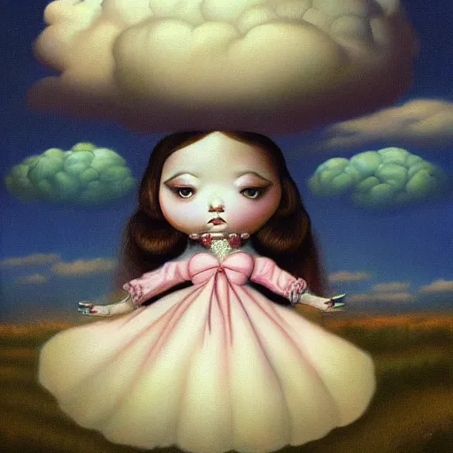 Prompt: a painting of a woman surrounded by clouds, a surrealist painting by mark ryden, featured on deviantart, pop surrealism, cosmic horror, lovecraftian, poster art