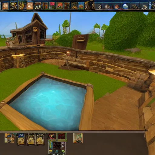 Image similar to runescape playing in the hot tub with wizard101 scenery, hyperrealistic, photo realistic, realistic, beautiful white lighting, in the middle of the day