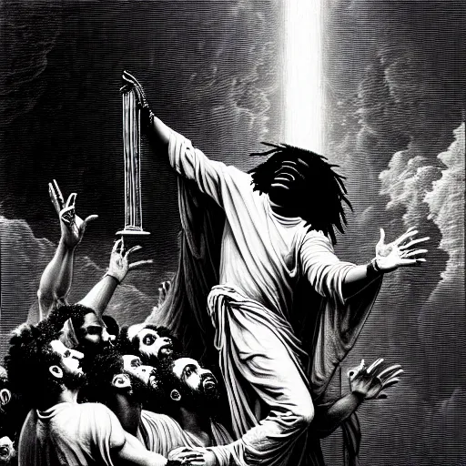 Prompt: chief keef ascending into heaven holding cup of lean and blunt, biblical image, style of gustave dore, highly detailed, beautiful, high contrast, black and white