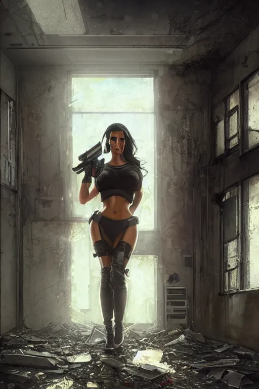 Prompt: photo of kim kardashian as a cop inside a derelict apartment, glowing walkie talkie, realistic, long shot, symmetrical, highly detailed, digital painting, artstation, concept art, smooth, sharp focus, illustration, cinematic lighting, art by artgerm and greg rutkowski and alphonse mucha