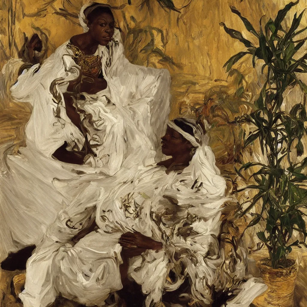 Image similar to high quality high detail painting by lucian freud, jenny savile, ilya repin and john singer sargent, black woman in a white room with many plants, intricate costume design, orientalist, partially gold, ornate, elite, luxury, hd