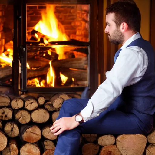 Image similar to man in a waistcoat staring at a log fire jelious girlfriend, 1 5 0 mm lighting effect