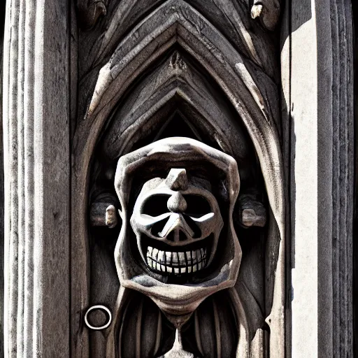 Image similar to port door with carved sinister face head. meduza gorgona. cast iron. gothic medieval baroque. symmetry. epic. ominous shapes. hyper detailed. photoreal. trending on artstation