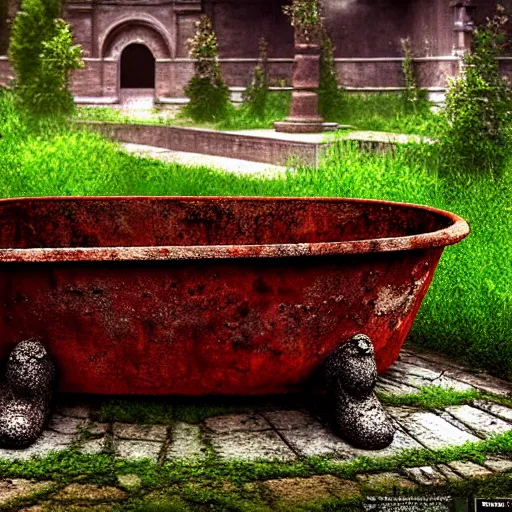 Image similar to hyperrealism photography computer simulation visualisation of parallel universe detailed old rusty bath in the detailed ukrainian village garden in dramatic scene from art house futuristic movie by caravaggio and alejandro jodorowsky