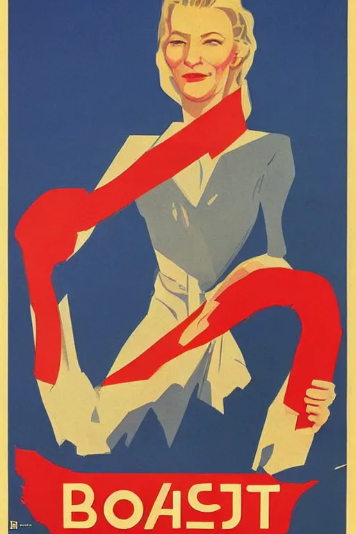 Image similar to soviet propaganda poster with cate blanchett calling on the world community to fight against Nazism, Ultra Detailed, soviet realism