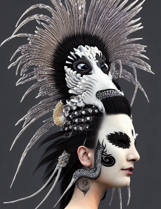 Image similar to 3 d goddess close - up profile portrait punk with mohawk with ram skull. beautiful intricately detailed japanese crow kitsune mask and clasical japanese kimono. betta fish, jellyfish phoenix, bio luminescent, plasma, ice, water, wind, creature, artwork by tooth wu and wlop and beeple and greg rutkowski