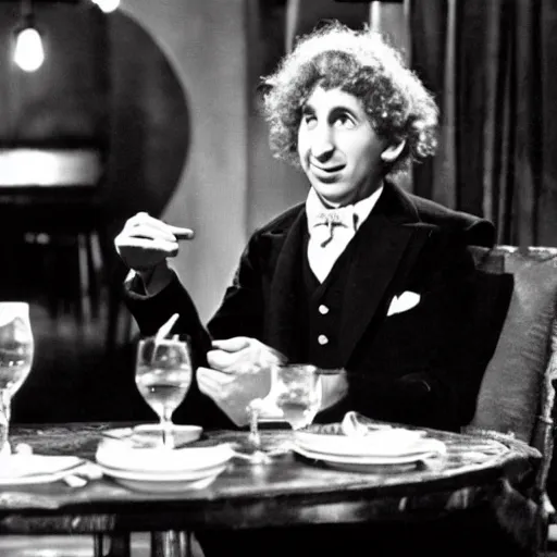 Image similar to harpo marx dines alone at a fancy restaurant