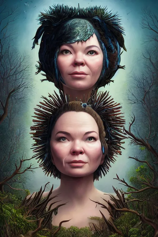 Image similar to bjork portrait by hubert robert and lee madgwick and roger dean and jacek yerka, dan mumford and alex grey style, soft lighting, 4 k hd wallpaper illustration concept joy atmospheric lighting