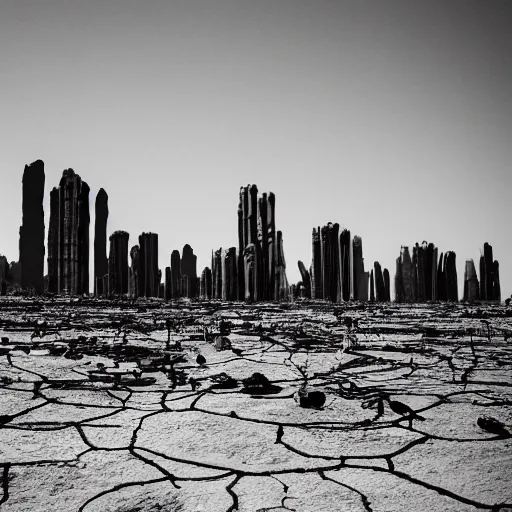 Image similar to apocalyptic beachside city, dried up oceans, desert everywhere, buildings covered in black tar