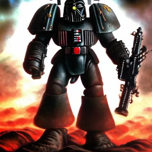 Image similar to space marine from warhammer 40000 in the style of the meaning of life, realism, against the background of the battlefield, depth of field, focus on darth vader,