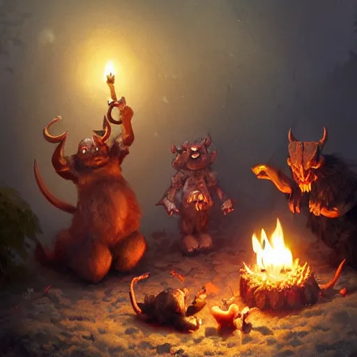 Prompt: the satanic birthday party. cute stuffed animals sacrificed for the devil. detailed digital art by greg rutkowski, thomas kinkade and keith parkinson, artstation, cgsociety, 8 k, hd