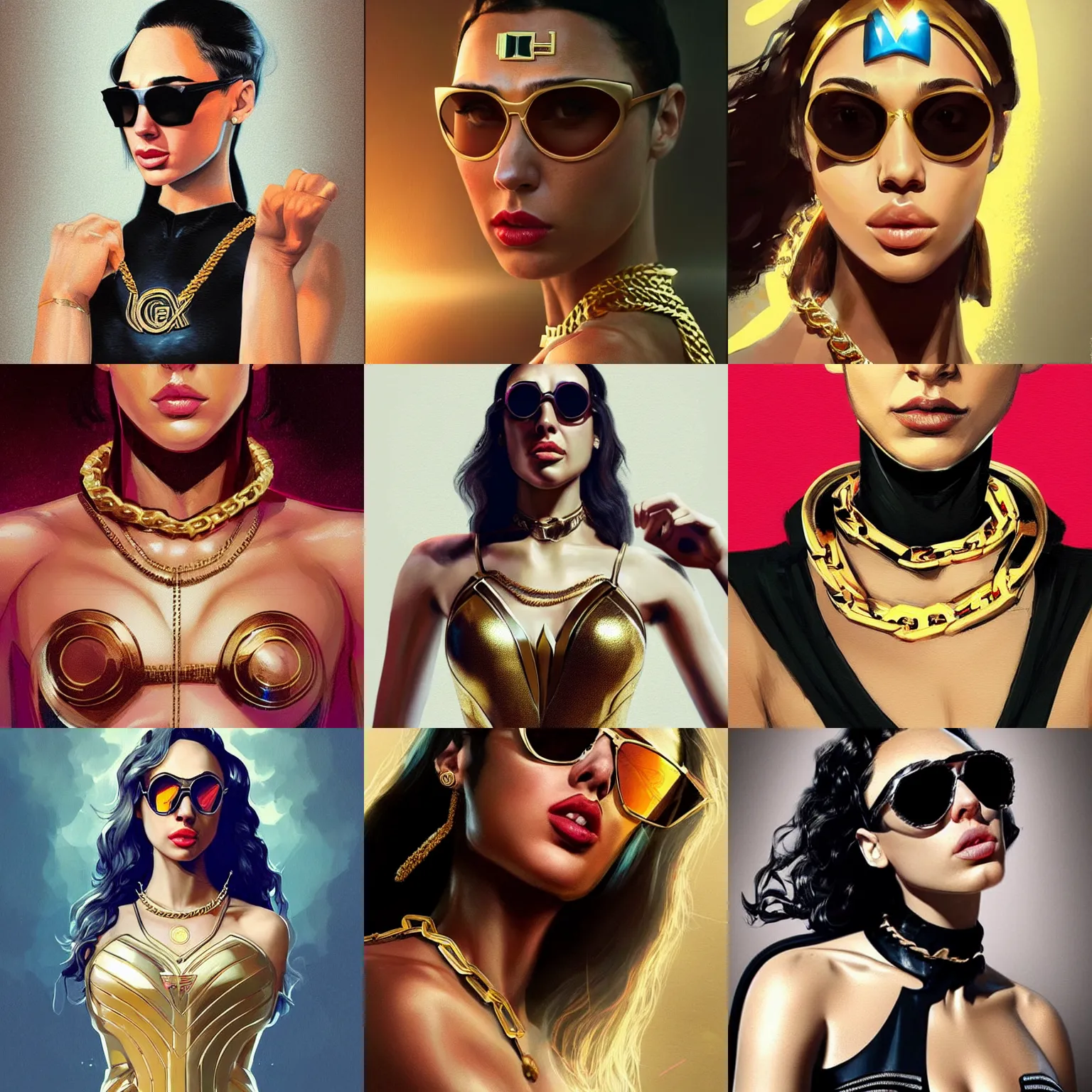 Prompt: gal gadot face as doja cat as cardi b wearing gold chain and sunglasses by greg rutkowski by artgem trending on artstation hero concept art