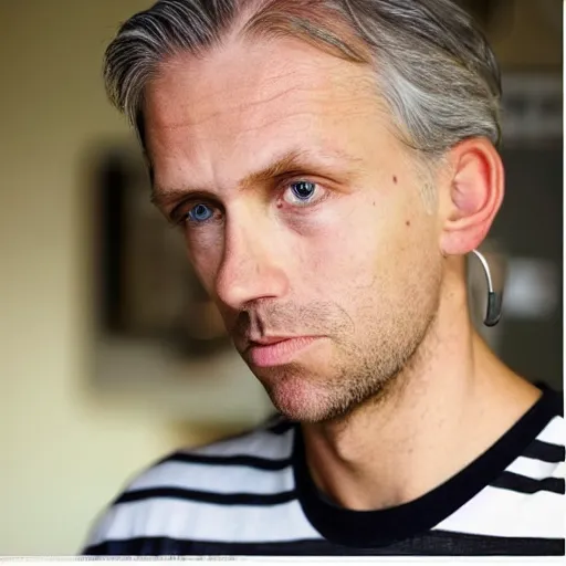 Prompt: full face color photograph of a 40 year old very handsome skinny white man with short, curly, light blond hair and very small slanted blue eyes, dressed in a white t shirt, gray shorts and black socks, with a small mole to the right of his very thin lips, with a straight nose and blond stubble on his round face, and an earring in the left ear. He resembles a lion.