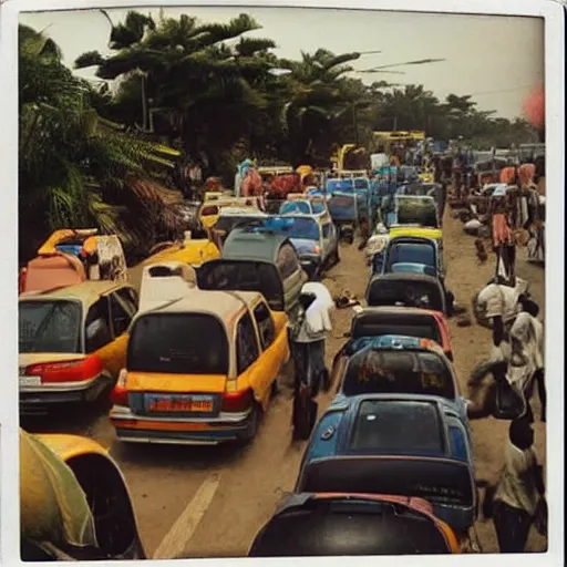 Image similar to old polaroids of futuristic african mobile market places in lagos traffic, side of taxi as fruit stand