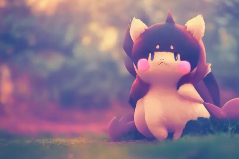 Image similar to real life pokemon, cute!!!, content!!!, mischievous!!!, adorable!!!, fluffy!!!, ultra realistic!!!, golden hour, sharp focus, tiny amount of chromatic aberration