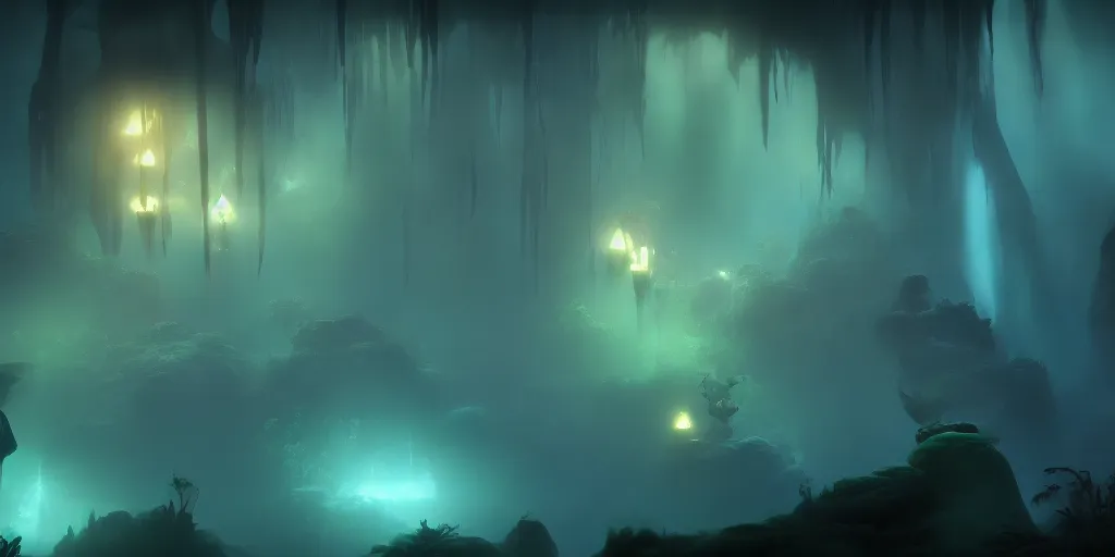 Prompt: huge dark cave with cinematic lighting in the style of ori and the blind forest, 4k, 8k