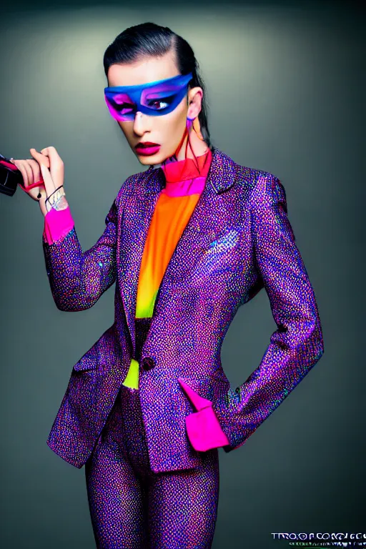 Image similar to realistic photoshooting for trouser suit for a rave, bright colors, vhs colour photography, photo for a magazine, photo for a store, fashion photography, Vogue,, cinematic, high detail, 8k, dynamic pose,Smooth skin, perfect face, 80mm lens, 1.2 aperture, close up, cinematic light, very detailed, cover magazine