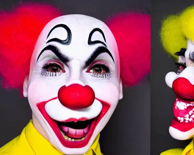 Image similar to mischief the clown, interface, umami, youtube series, pink monster clown, red lips with yellow teeth, big red nose, large yellow eyebrows, pink spaghetti body