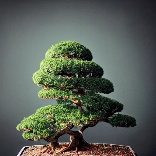 Image similar to A picture of a planet of various flowers, fungus and plants, Bonsai , in which the human figure is dressed in something magical and impressive, inside the picture is infinity, muted light, BotanicalAtmospheric phenomenon, artistic photography, muted colors, conceptual, Kodachrome