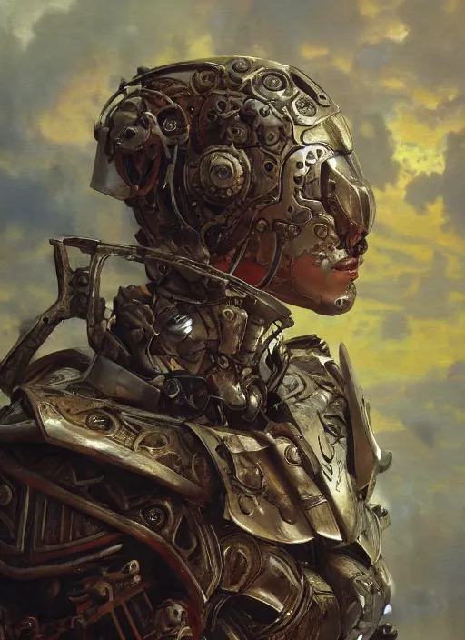 Image similar to biblical diabolical beautiful female valkyree! samurai cyborg, slick metal plastic armor, jump, heavy eyes to the side, closeup, bright glowing eyes, in clouds, rain, sunset, portrait, by gerald brom, by mikhail vrubel, by peter elson, muted colors, extreme detail, reflections, trending on artstation, 8 k