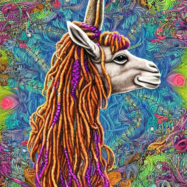 Image similar to llama with dreadlocks, colorful, detailed by ernst haeckel, artgerm, james jean