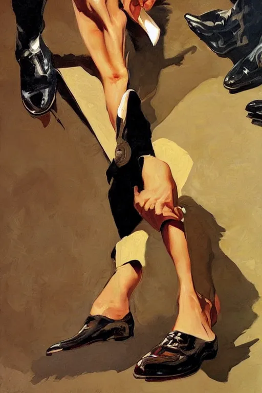 Image similar to quentin tarantino licking a foot, licking!!!!'bare feet '!!!!! painting by jc leyendecker!! phil hale!, angular, brush strokes, painterly, vintage, crisp