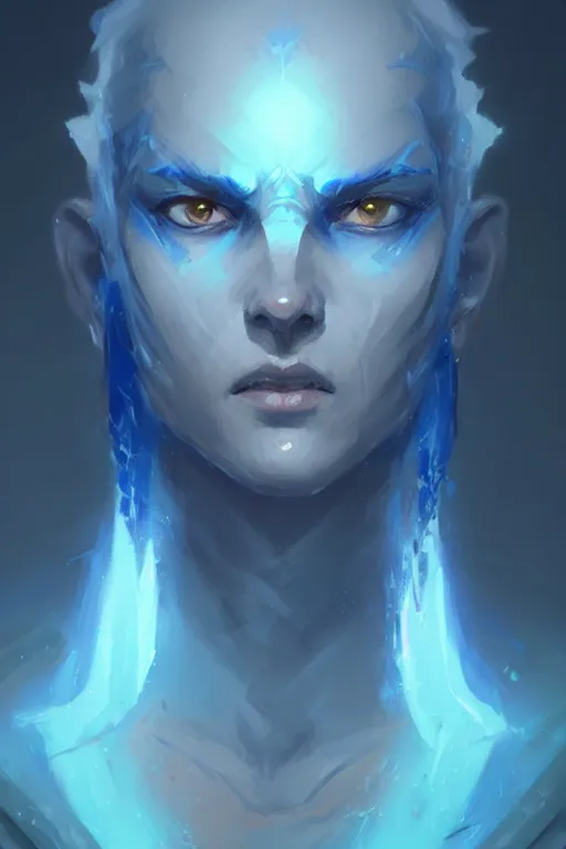 Image similar to portrait of a blue genasi tempest priest by Greg Rutkowski, d&d character, gradient white to cyan, blue ocean, highly detailed portrait, digital painting, artstation, concept art, smooth, sharp foccus ilustration, Artstation HQ