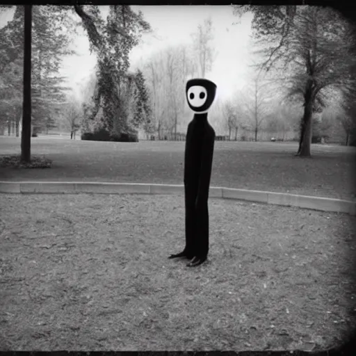 Image similar to slenderman standing in a park where kids are playing, cctv, old picture