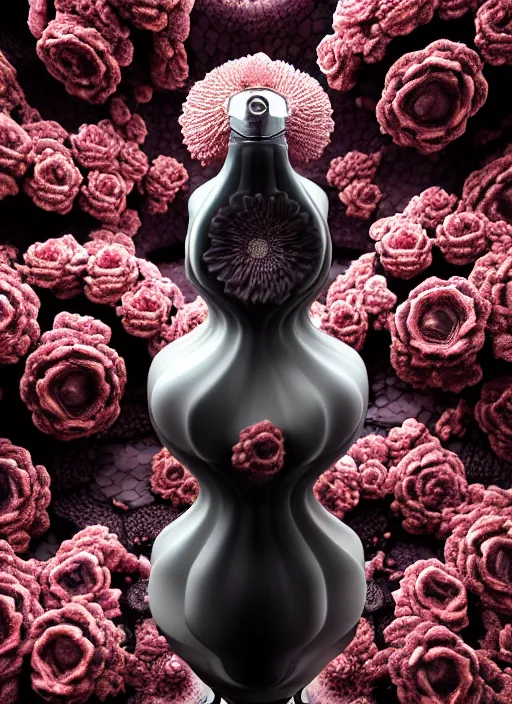 Prompt: perfume bottle standing in the center of a biomechanical black enchanted cave made of corals, daisies, roses in an ivory room well contoured smooth fair walls, up close shot, sharp focus, global illumination, radiant light, alexandre ferra white mecha, irakli nadar, octane highly render, 4 k, ultra hd,