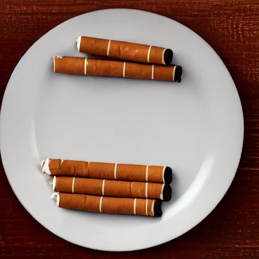 Prompt: plate full if rise and few cigaretter on a table