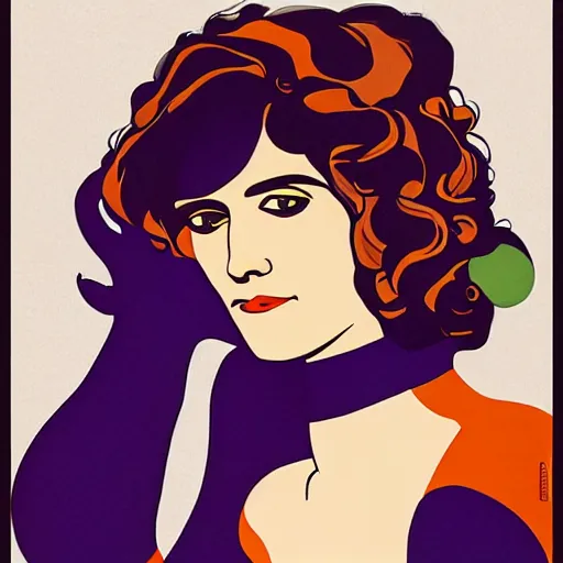 Image similar to Eva Green, Art by Coles Phillips, Orange bodysuit, Chalk white skin, deep purple hair, Green eyes, Portrait of the actress, Eva Green as Metamorpho, geometric art, Ramona Fradon, poster, no text, Alphonse Mucha, Vasily Kandinsky, carbon black and antique gold