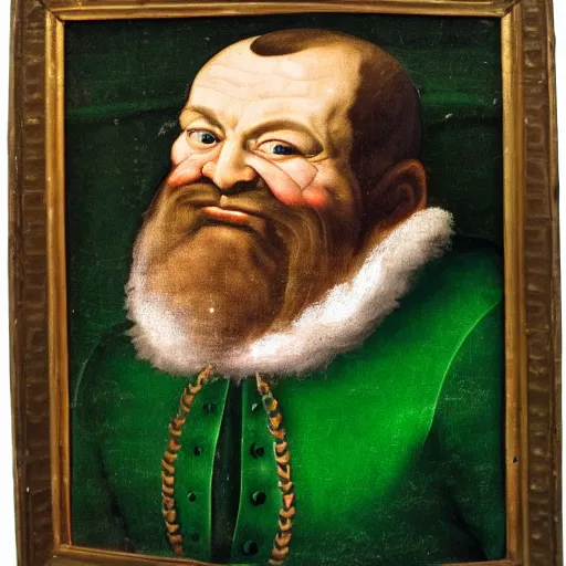 Image similar to detailed renaissance portrait painting of gentleman dwarf with green wearing brown tuxedo