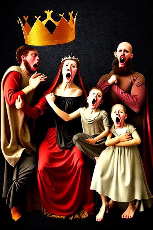 Image similar to renaissance style creepy family screaming, wearing a crown and a cape, dark background, atomic explosion