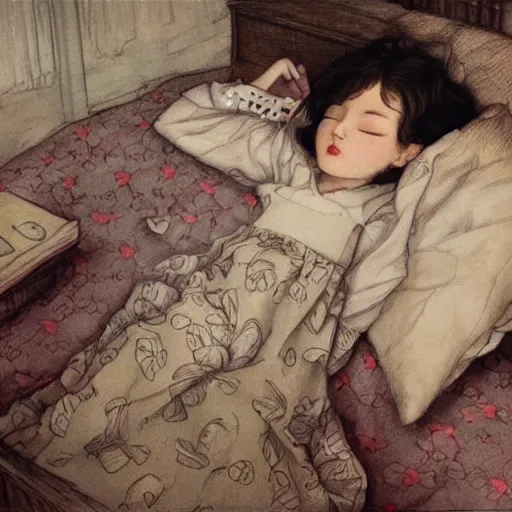 Image similar to little girl in pajama sleeping. digital artwork by ayami kojima, inspired by pixar movies and balthus, highly detailed, realistic