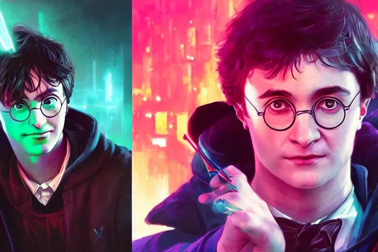Prompt: portrait of Harry Potter in cyberpunk, neon lighting, portrait in center, digital art from artstation by Ruan Jia and Mandy Jurgens and Artgerm and william-adolphe bouguereau and Greg Rutkowski and Wayne Barlowe