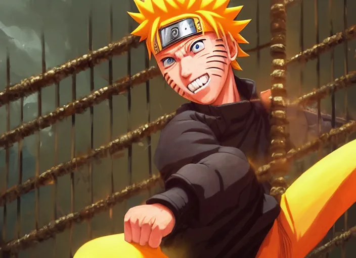 Prompt: highly detailed portrait of naruto uzumaki with black hair behind bars in prison punching a wall, unreal engine, fantasy art by greg rutkowski, loish, rhads, ferdinand knab, makoto shinkai and lois van baarle, ilya kuvshinov, rossdraws, tom bagshaw, global illumination, radiant light, detailed and intricate environment